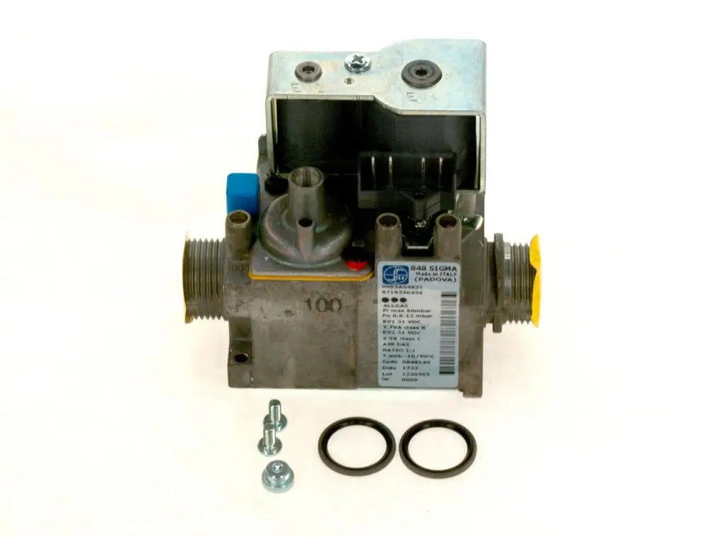 Gasarmatur von Bosch, mit mehreren Anschlussmöglichkeiten, einem Gehäuse aus Metall und verschiedenen Dichtungsringen, erkennbar durch die blaue und gelbe Markierung.
